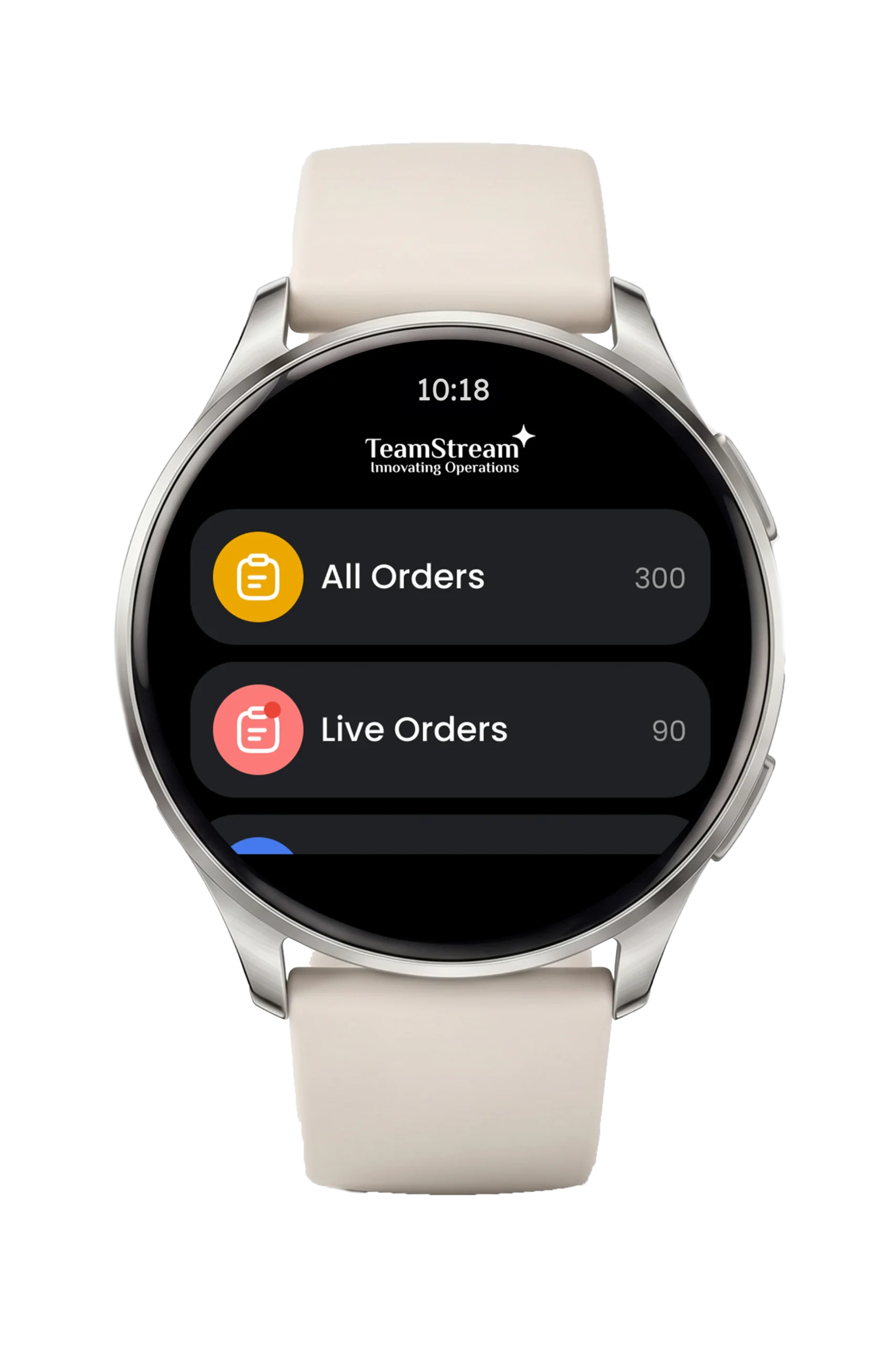 TeamStream+ Android smartwatch interface showing guest orders and task queues for hotel staff