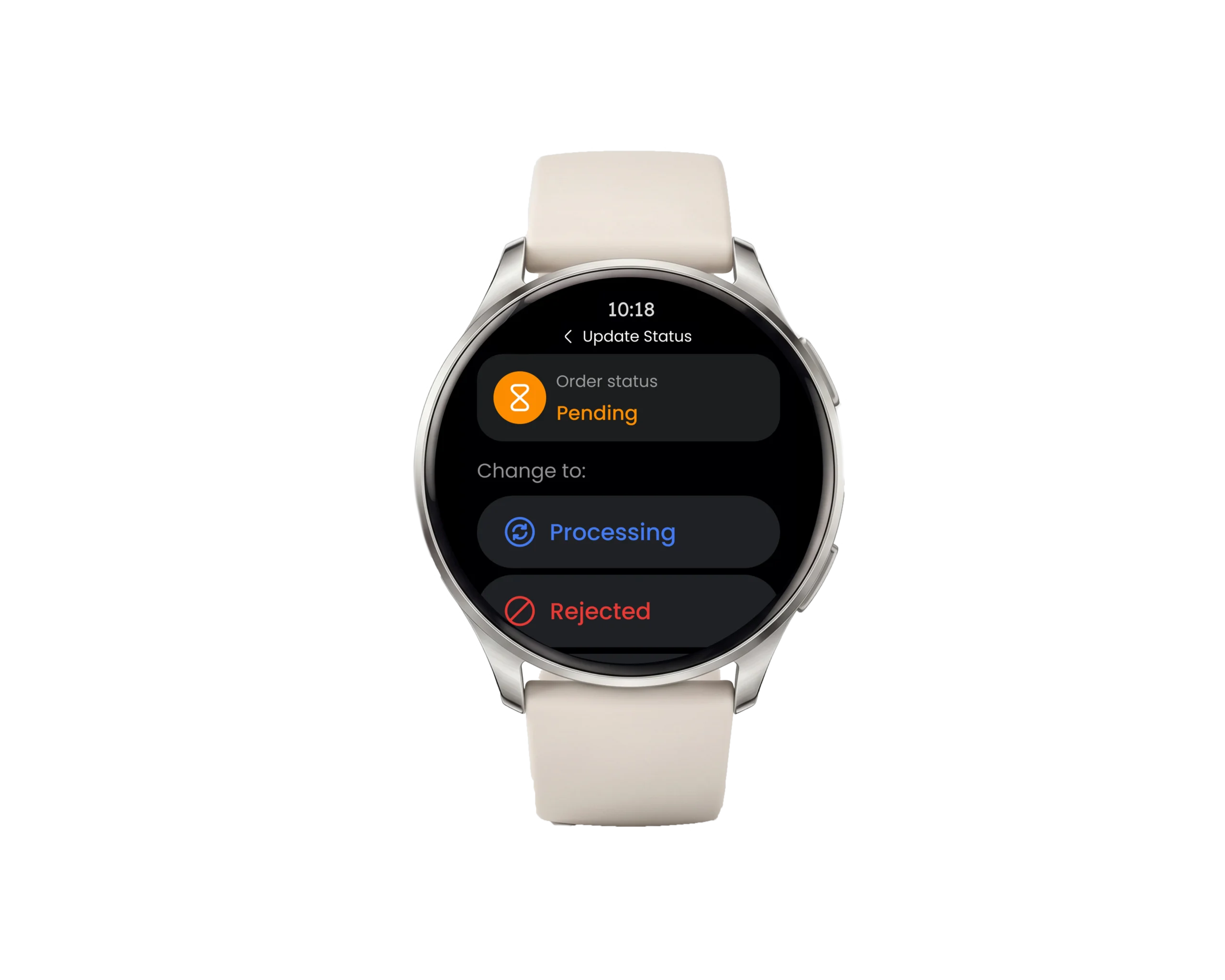 Updating a hotel guest order status to processing or rejected directly on the TeamStream+ smartwatch app