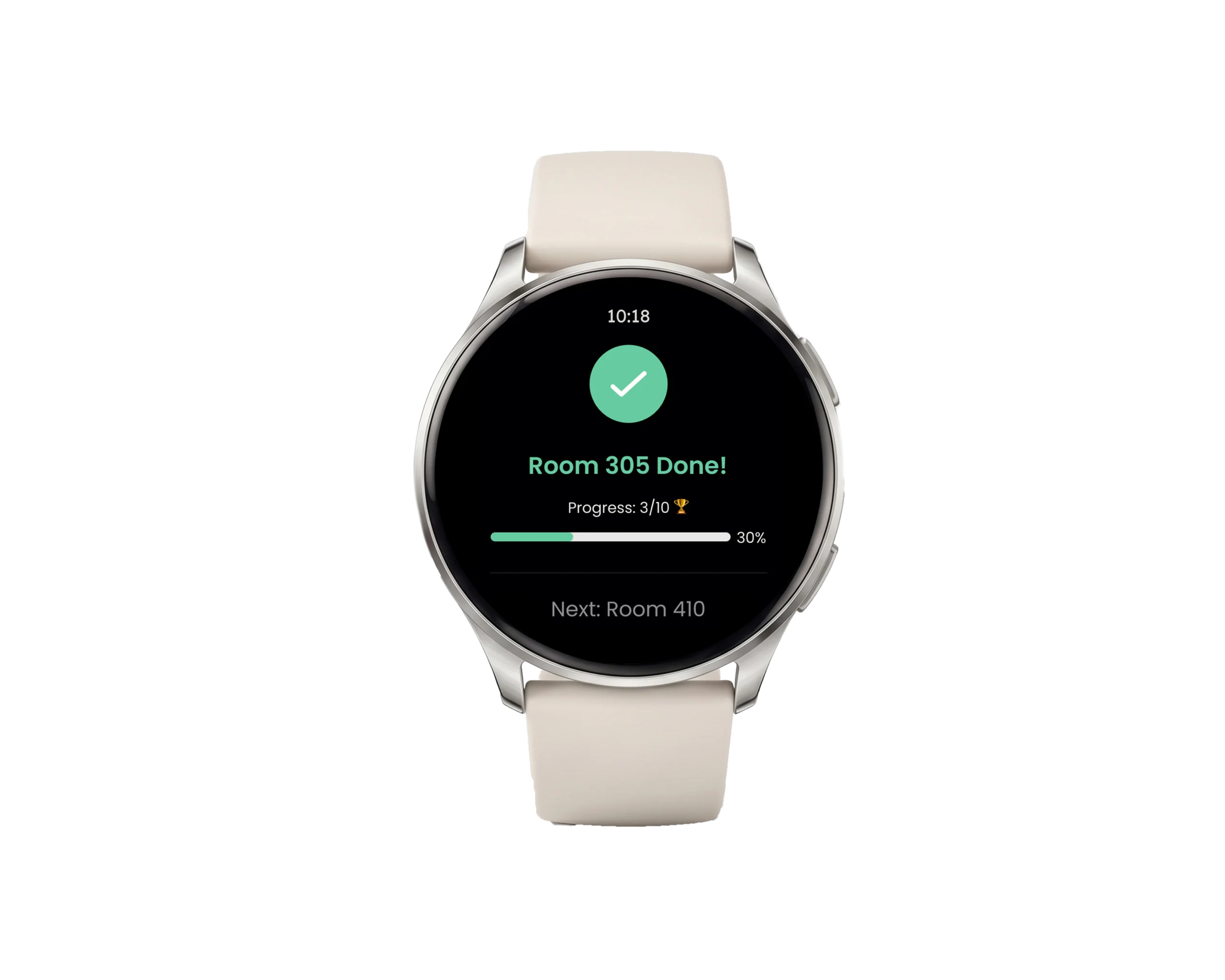 ousekeeping room cleaning progress tracker displayed on the TeamStream+ Android smartwatch app