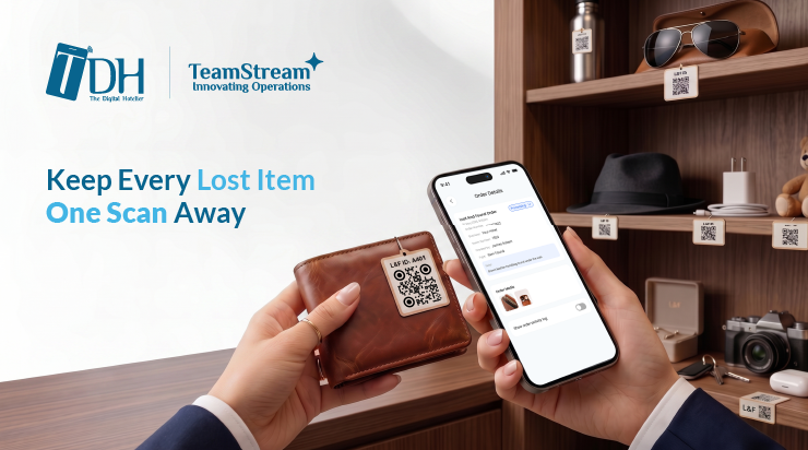 Hotel staff tracking a lost guest item using a printed QR code label in TeamStream+
