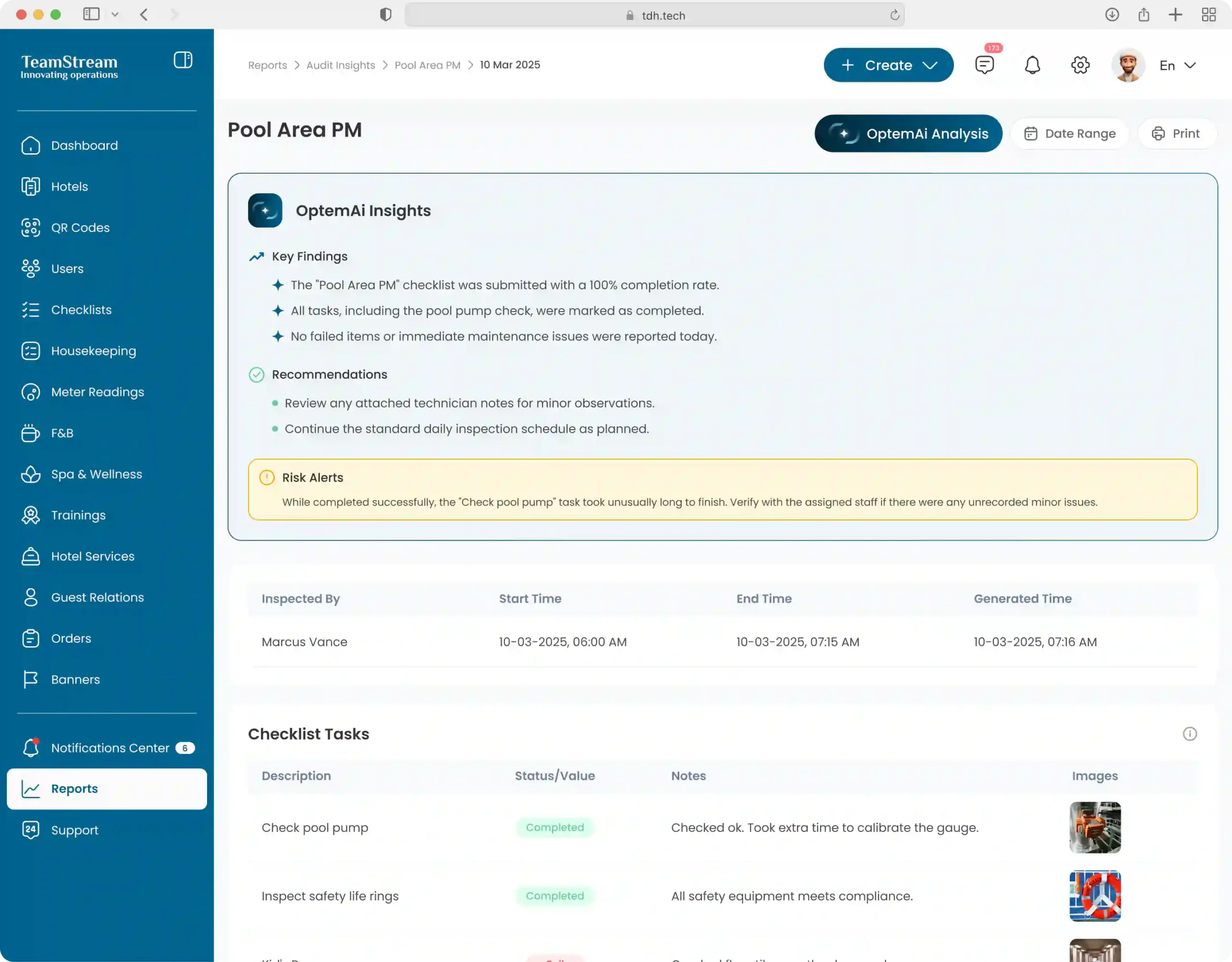 AI analysis panel showing key findings, recommendations, and risk alerts based on a completed pool maintenance checklist.