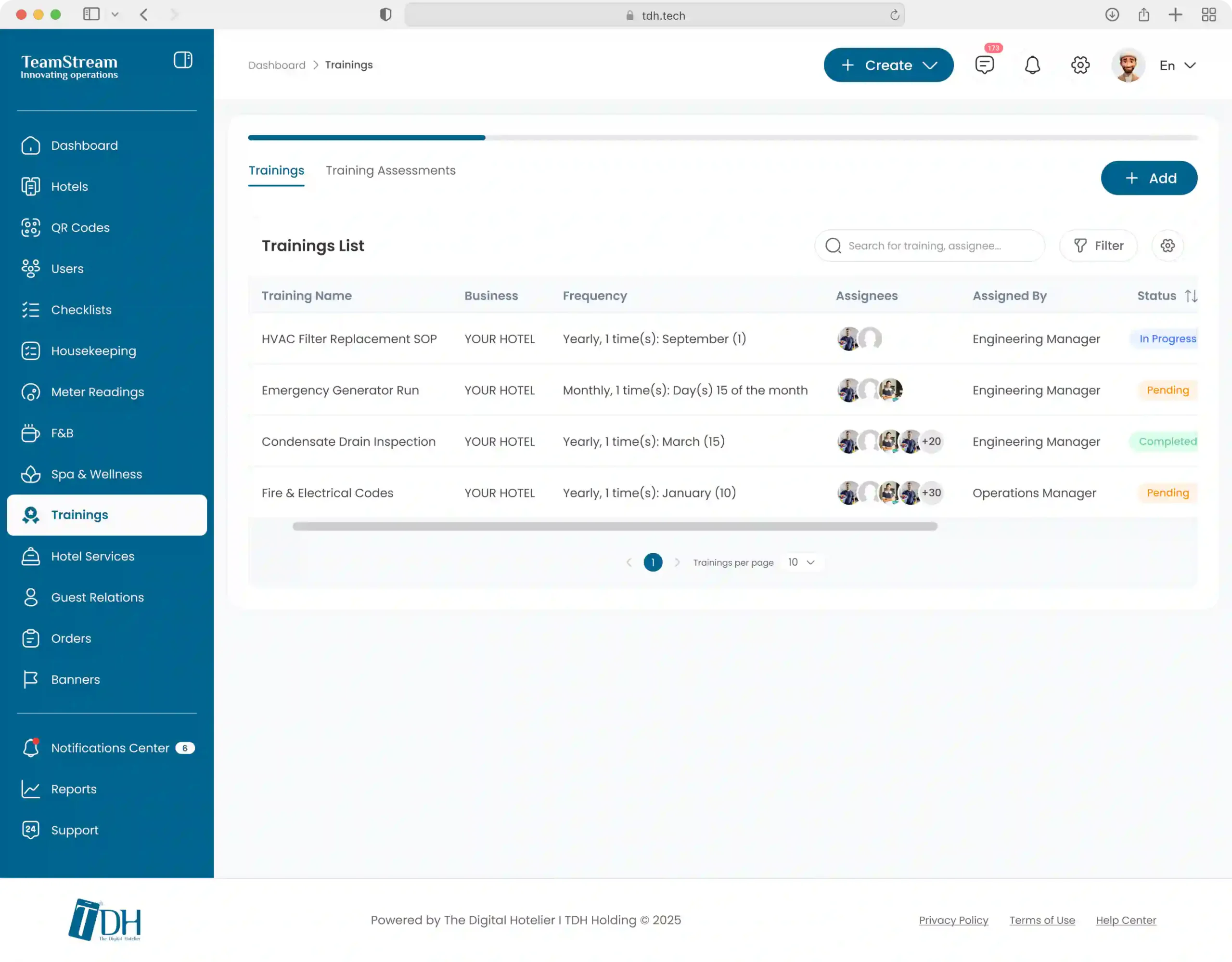 Manager dashboard displaying staff training progress, completion statuses, and automated schedules.