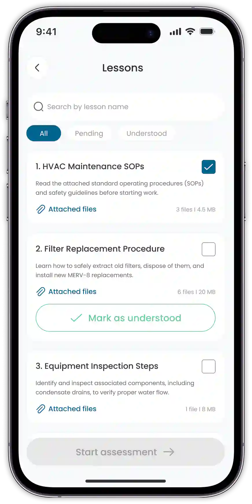 Mobile training module showing step-by-step SOP lessons and a locked assessment button for engineering staff.