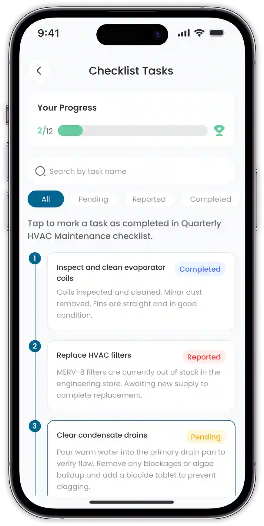 Mobile interface showing a technician updating preventive maintenance checklist tasks to completed or reported status.
