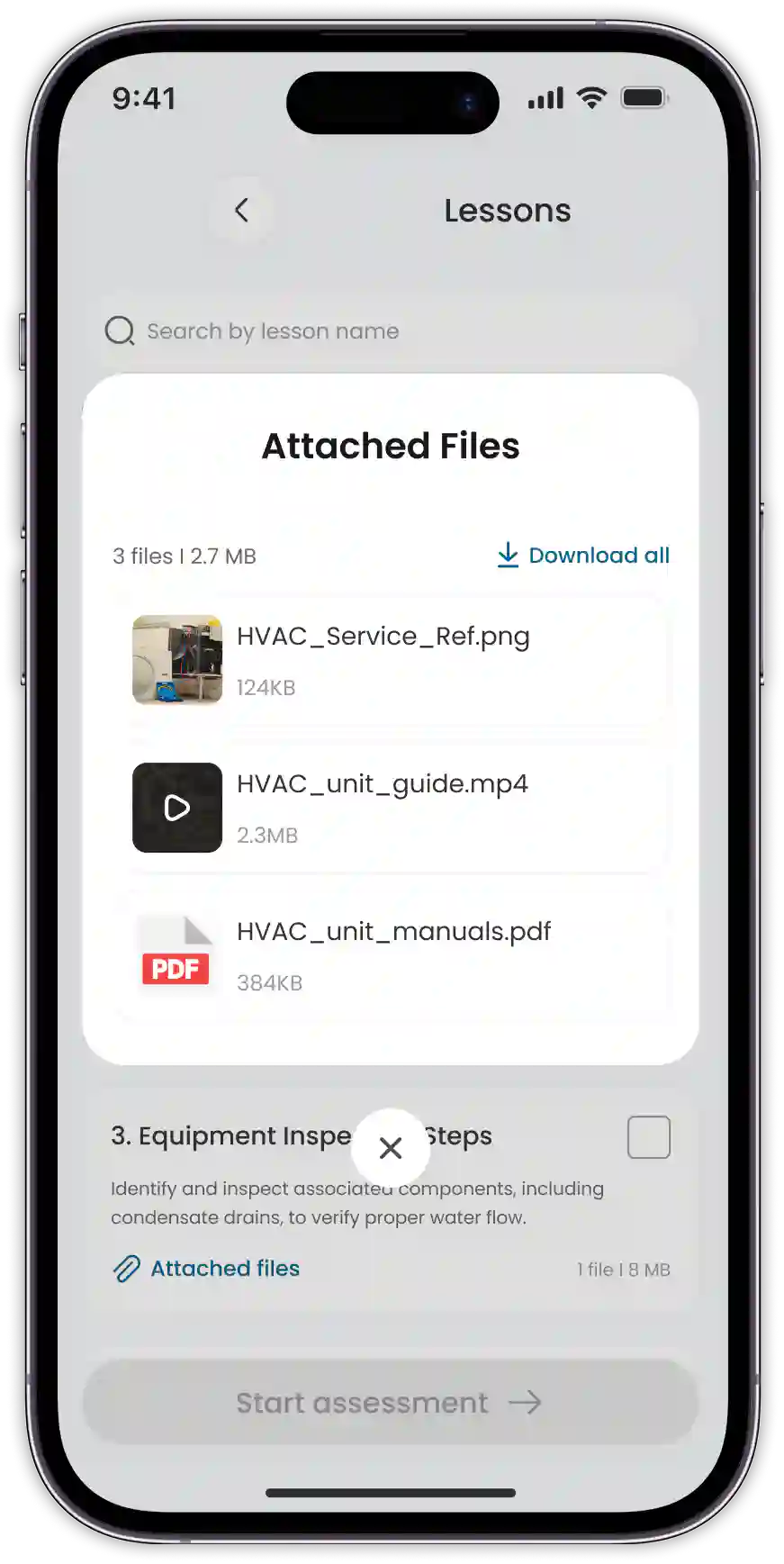 Task details screen showing attached PDF manuals, video guides, and reference images for maintenance operations.