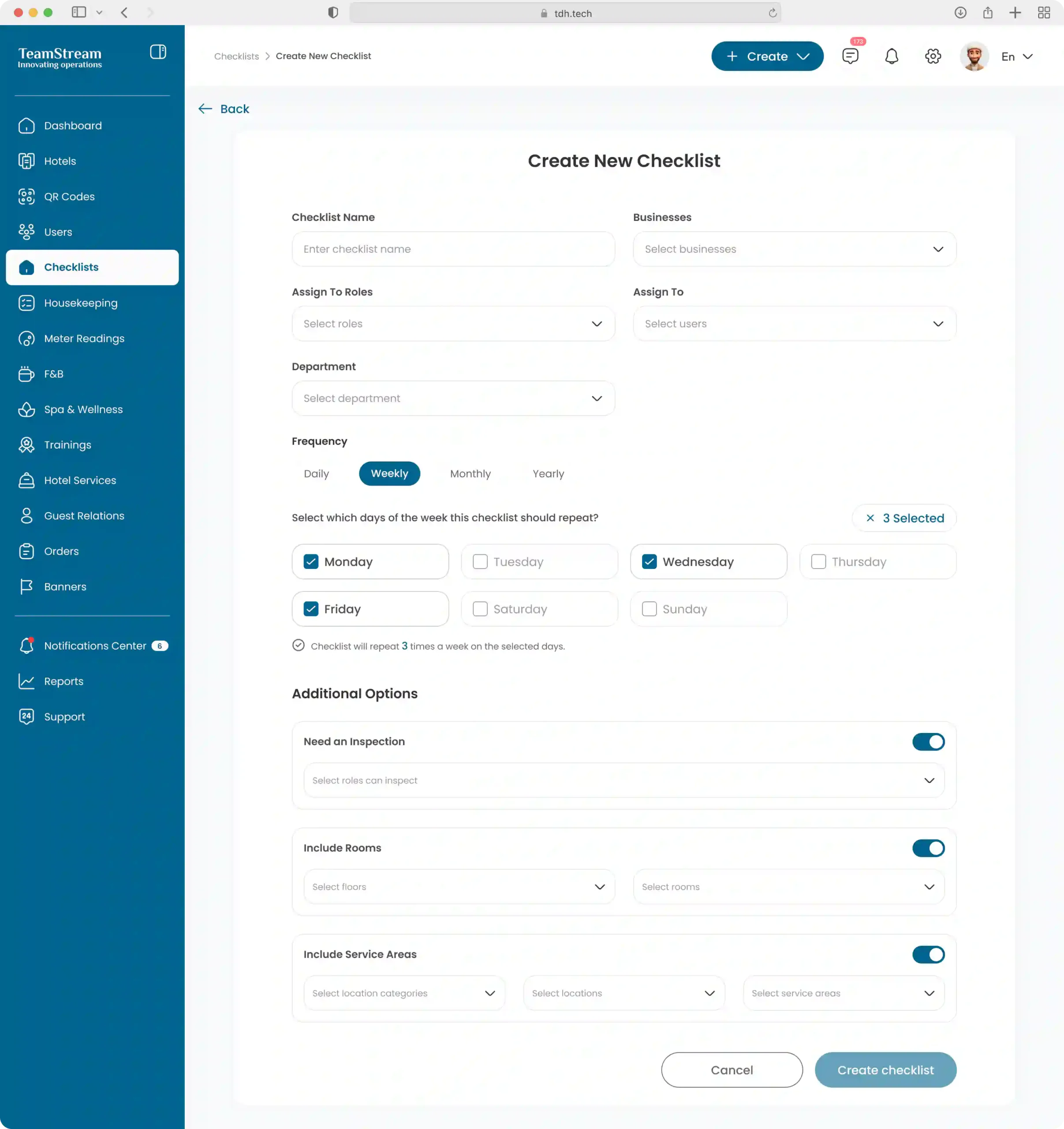 Manager dashboard interface for creating a new preventive maintenance checklist with frequency and role assignments.