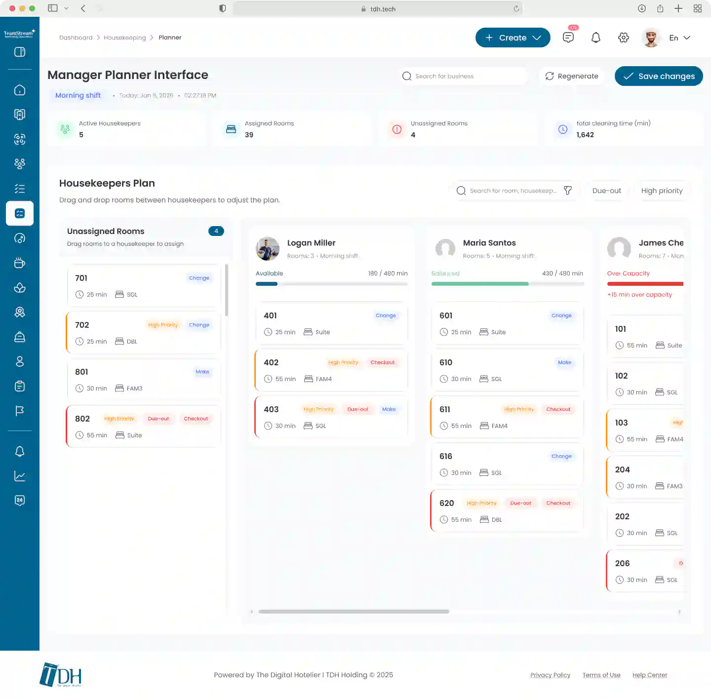 Manager dashboard showing the Housekeeping Planner with unassigned rooms and live capacity metrics.