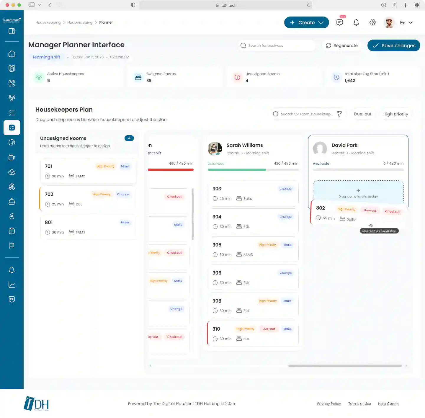 Drag-and-drop interface assigning a room card to a housekeeper to adjust the shift plan.