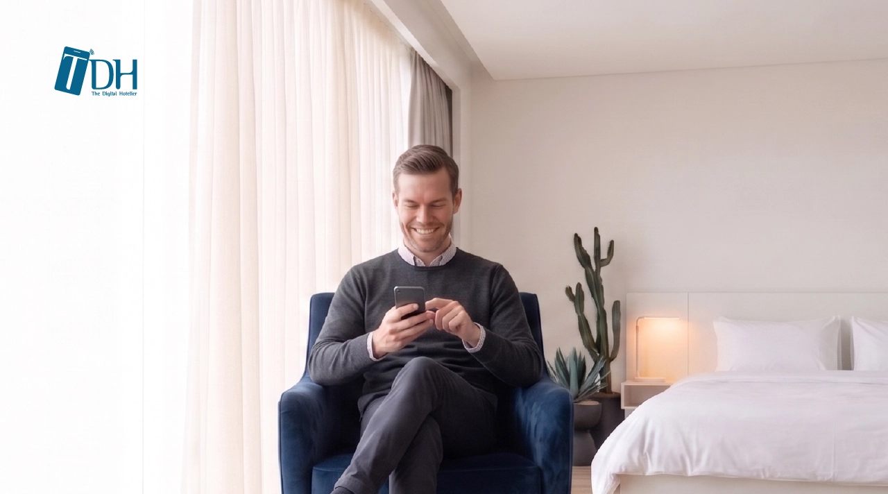 A relaxed hotel guest smiling while using a smartphone in his room, representing a frictionless digital hotel guest experience.